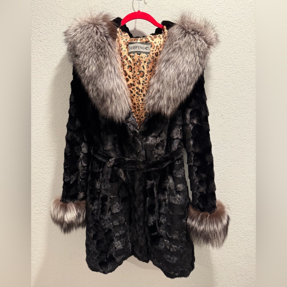 Black Mink Fur Coat Silver Fox Collar & Cuffs Belted Leopard Lining Size EU 52